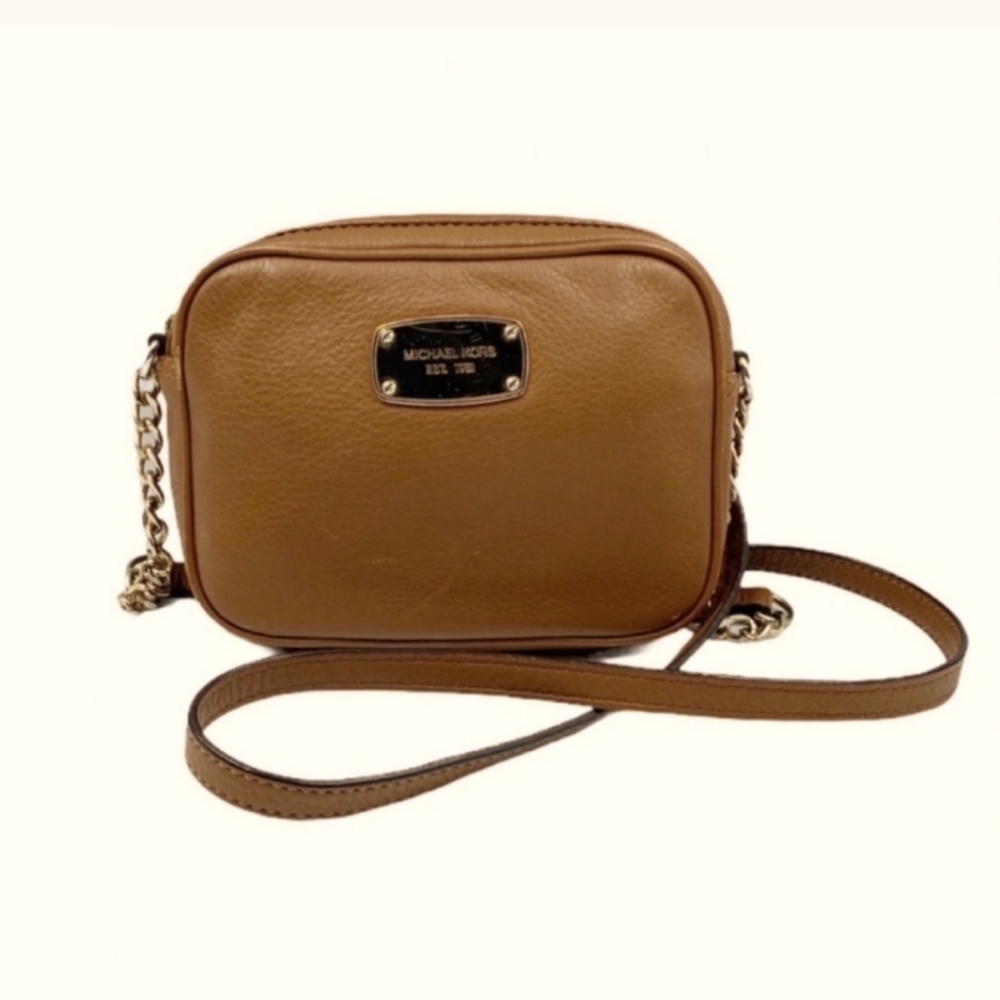 Michael Kors tan brown leather chain link mini crossbody bag
